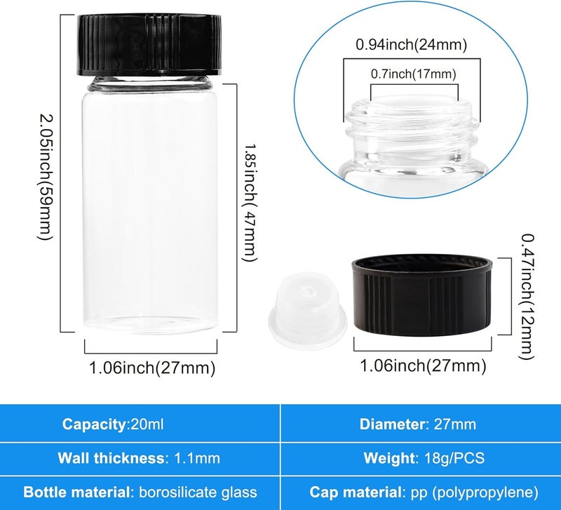 ETTSNU 20ml Clear Glass Vials with Screw Caps and plastic Stoppers,Small Lab Sample Vials with Lids, Leak-Proof Liquid Storage Empty Vial. 10PCS - Image 2